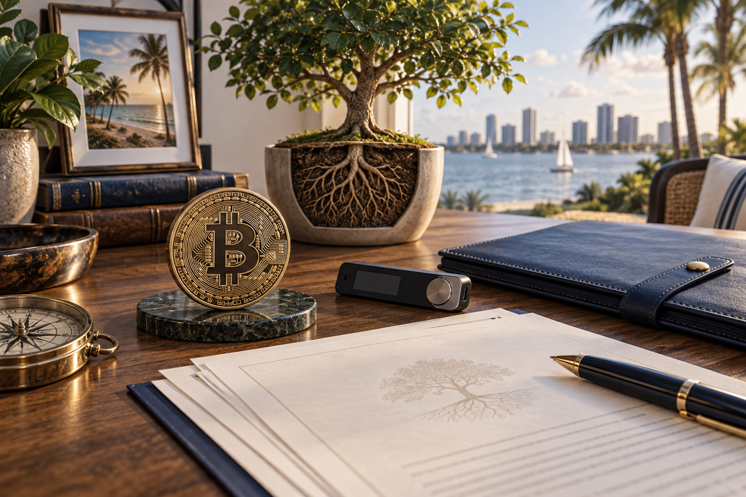 Editorial illustration of a Bitcoin symbol, hardware wallet, planning documents, and a rooted tree beside a Florida coastal view.