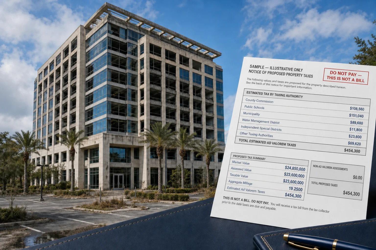 Edificio comercial de oficinas deteriorado en Florida, con vacantes visibles y un aviso TRIM ilustrativo